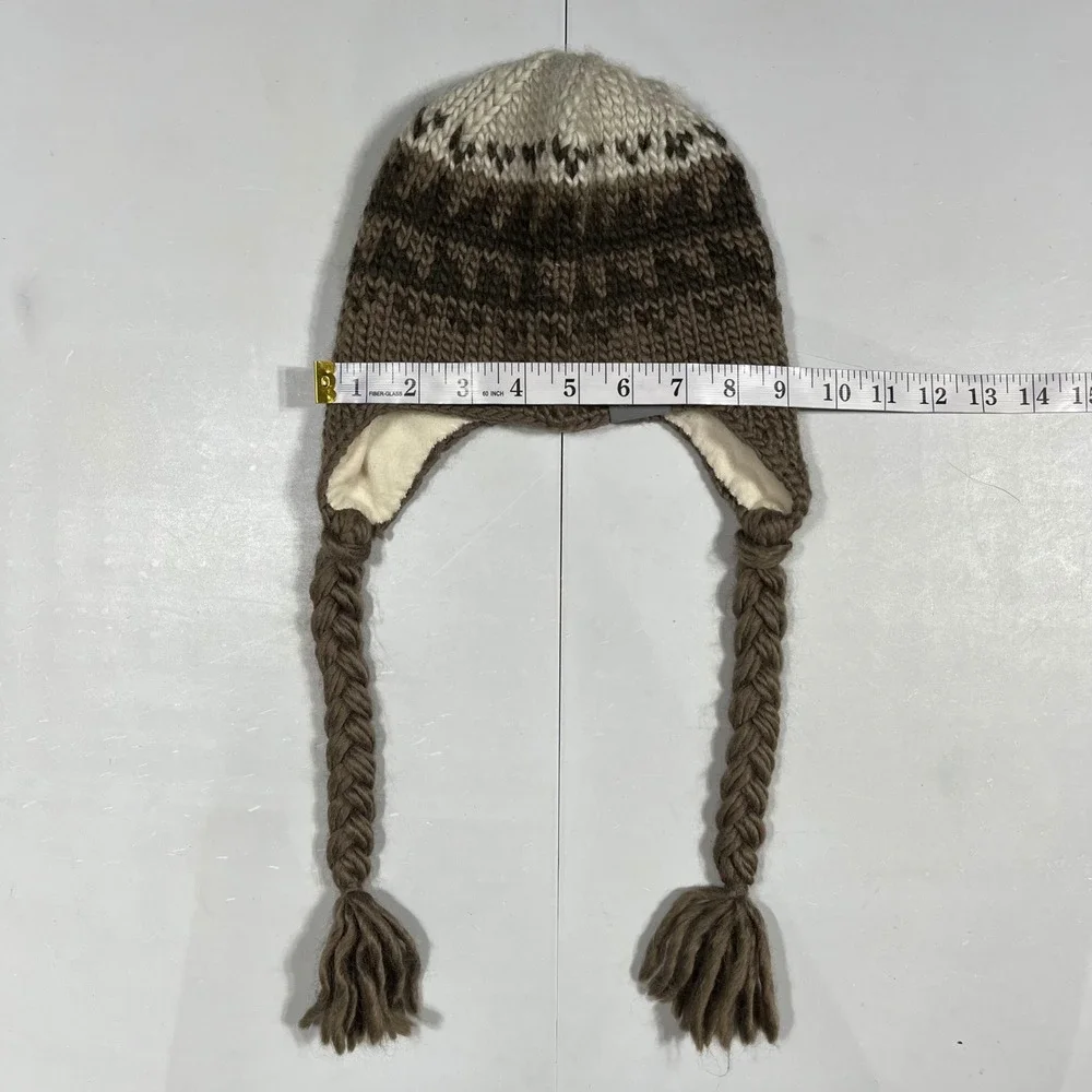 North Face Gorpcore Brown Wool Fair Isle Knit Trapper Beanie Hat Fleece Unisex